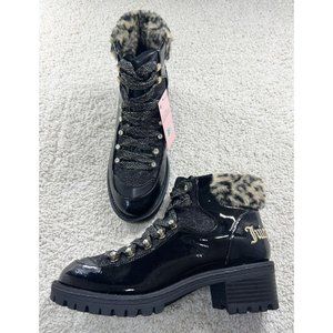 Juicy Couture Lug Boots 80’s 90’s Fashion Black Gold Patent Faux Leather Fur New